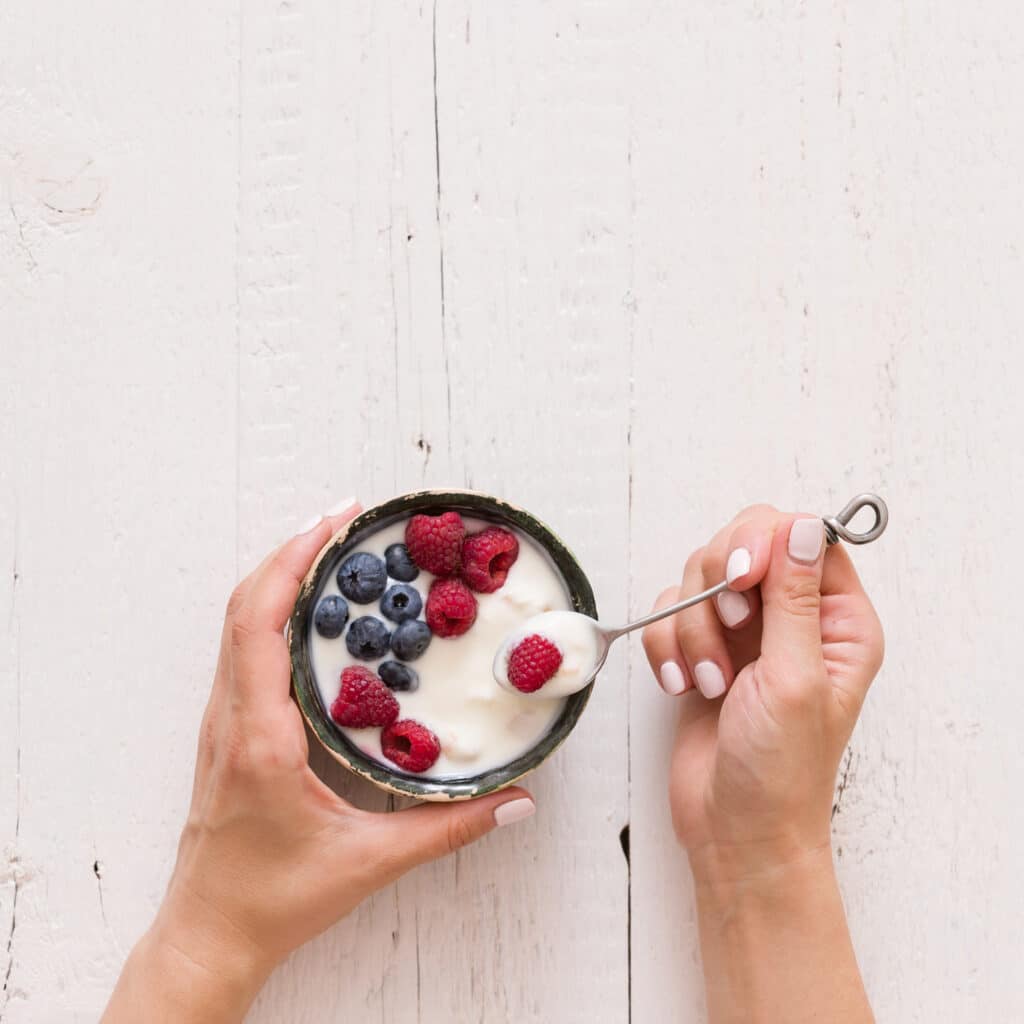 Soft food suitable for braces - yoghurt and berries.
