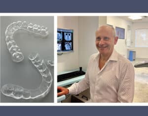 Two images, left side showing direct printed aligners, right side showing specialist orthodontist Dr Martin Fine working at a computer at the Maroubra Fine Orthodontist clinic.